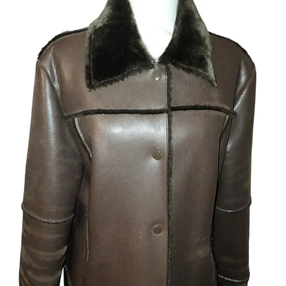 Pele For Outerwear Brown Faux Shearling Leather Long Coat Womens Size Large - Picture 8 of 10